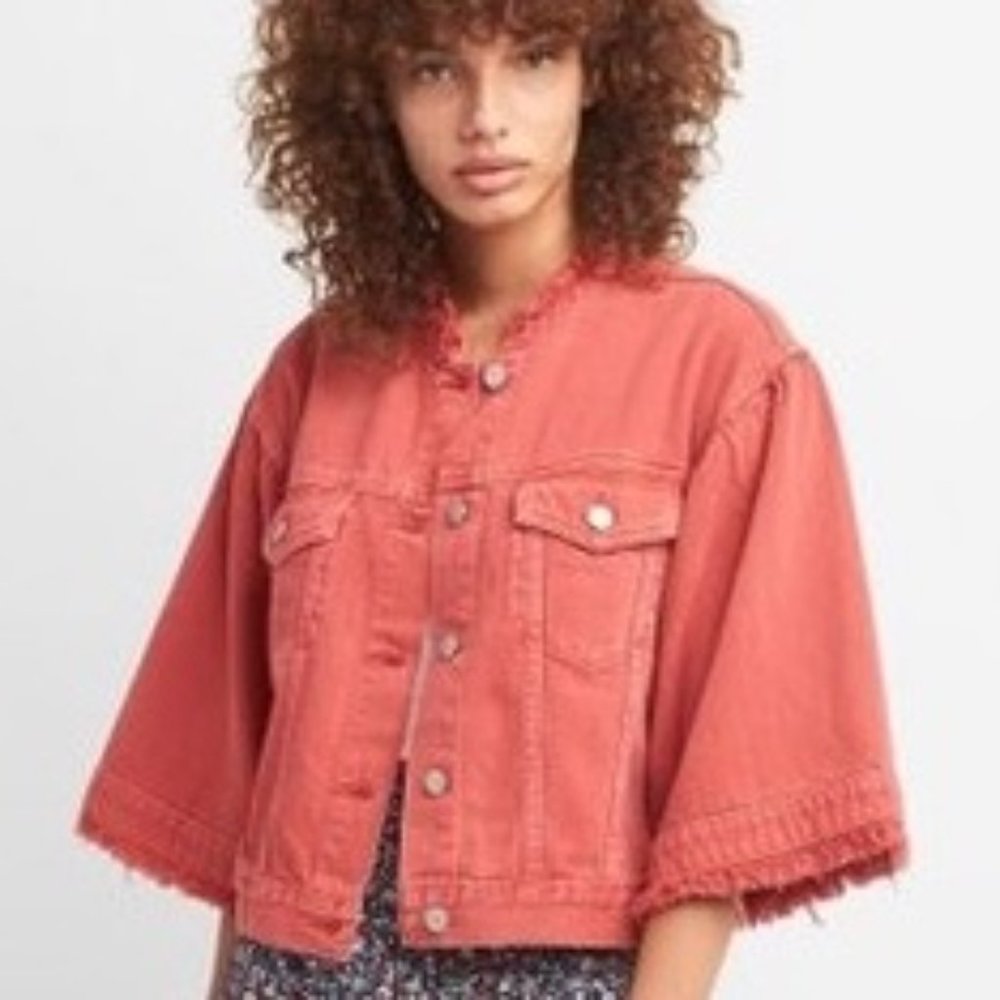 GAP Fringe Boho Denim Jacket with wide bell flared sleeves in Red Crimson S